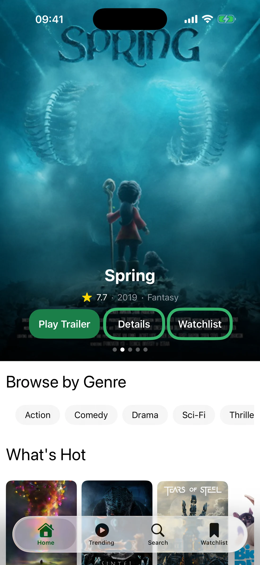 Tonight's Home tab on iPhone: the film Spring fills the screen with its rating, year and genre, buttons to play the trailer, open details or add to the watchlist, then genre chips and a What's Hot poster row