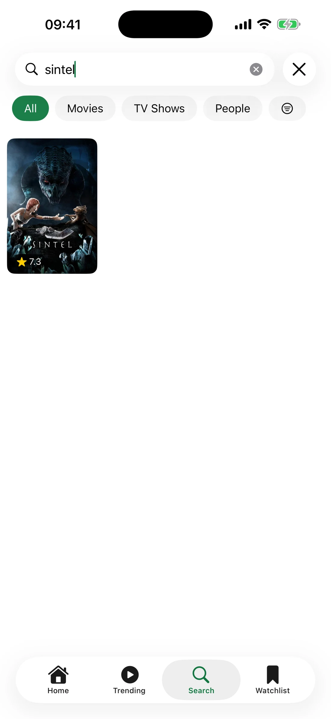 Tonight's Search tab on iPhone: the query sintel, filter chips for All, Movies, TV Shows and People, and one matching poster