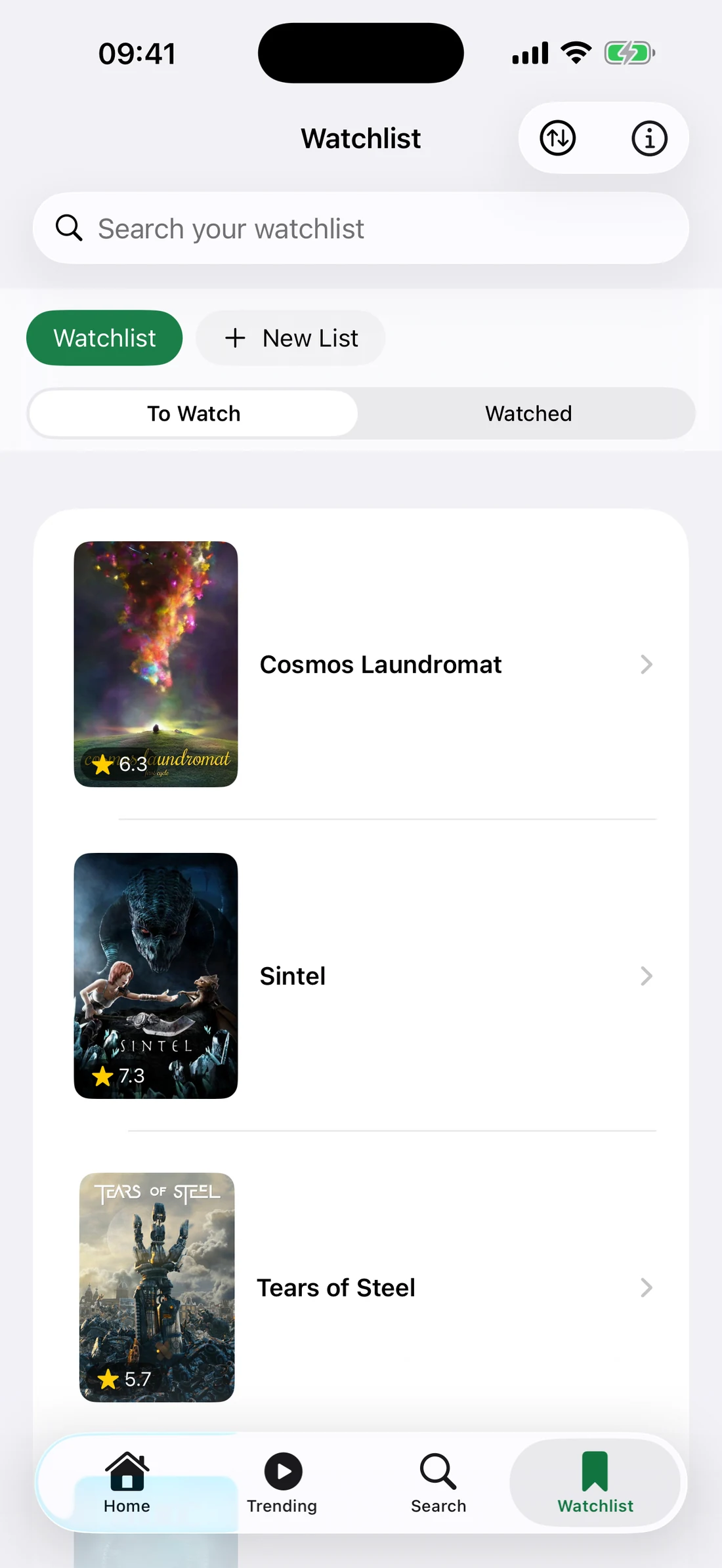 Tonight's Watchlist tab on iPhone: a search field, Watchlist and New List chips, a To Watch and Watched switch, and saved titles